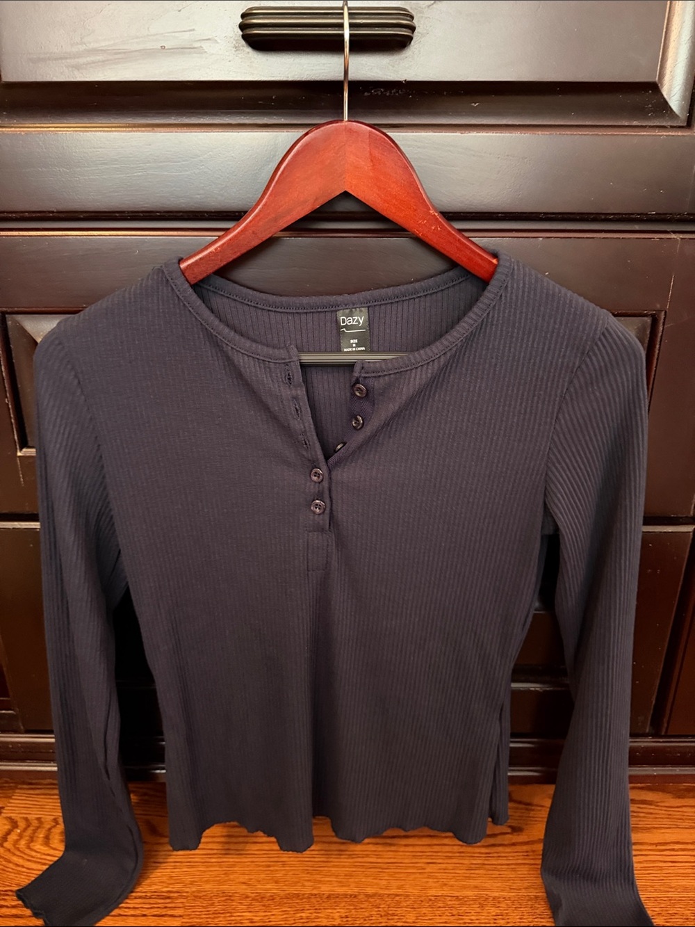 dazy Black Ribbed Long Sleeve Henley Top